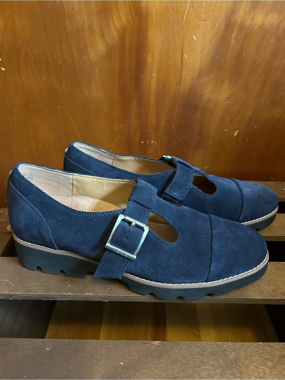 Vionic Navy Suede Carmen T-Strap Buckle Mary Jane Platform Loafers NWOT, Size 8
